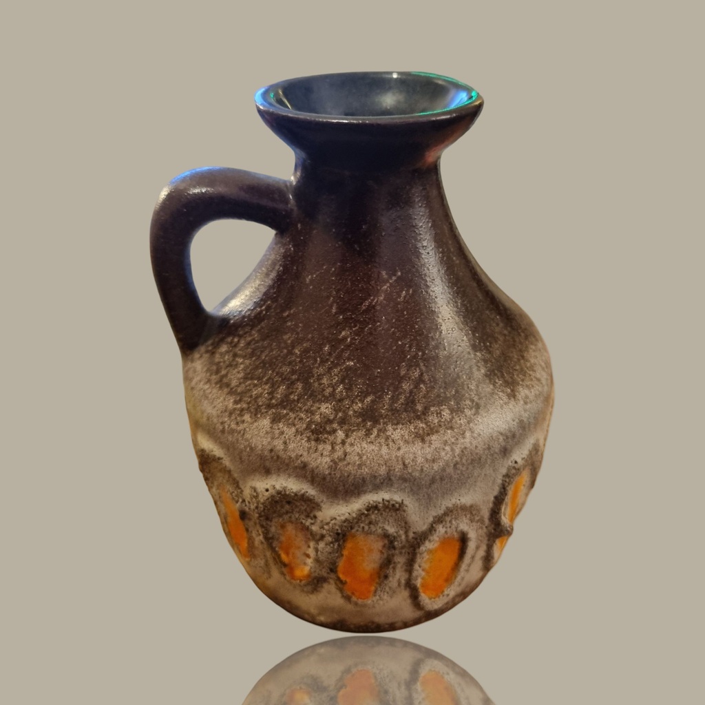 [AC-02211] Strehla Ceramic Vase with Handle – Brown, Cream & Orange Glaze – GDR