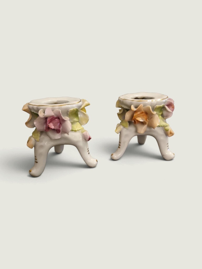 [35CA42] Antique Porcelain Floral Candle Holder Pair