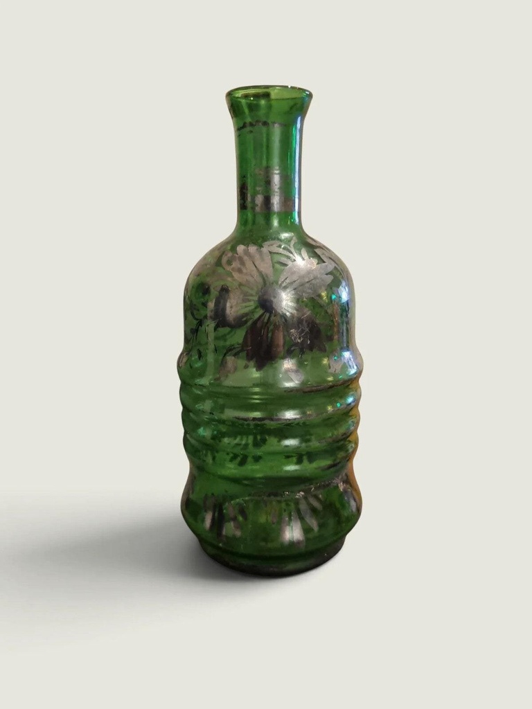 [21AR30] Antique Decorative Glass Bottle with Sterling Silver Overlay