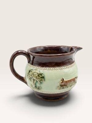 [19CE80] Antique Bourne Denby Stoneware Pitcher - English Hunting Scene Fox Jug
