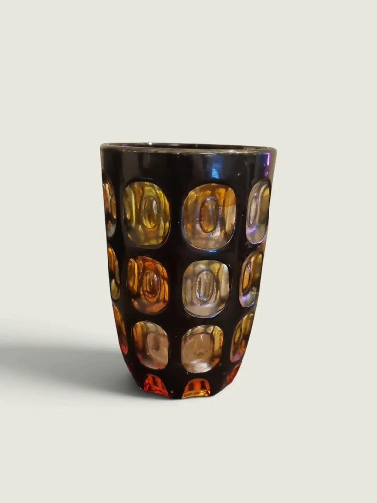 [21AR78] Mid-Century Modern Amber & Dark Glass Votive / Tumbler with Cut Lens Detail