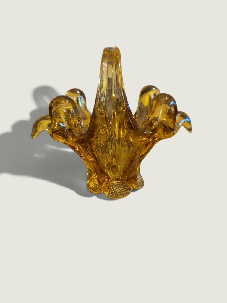 [71796AC] Vintage Amber Glass Basket – Ruffled Rim & Handle
