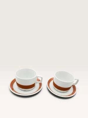 [48563AC] Pair of Vintage Porsgrund Coffee Cups & Saucers – Brown Stripe