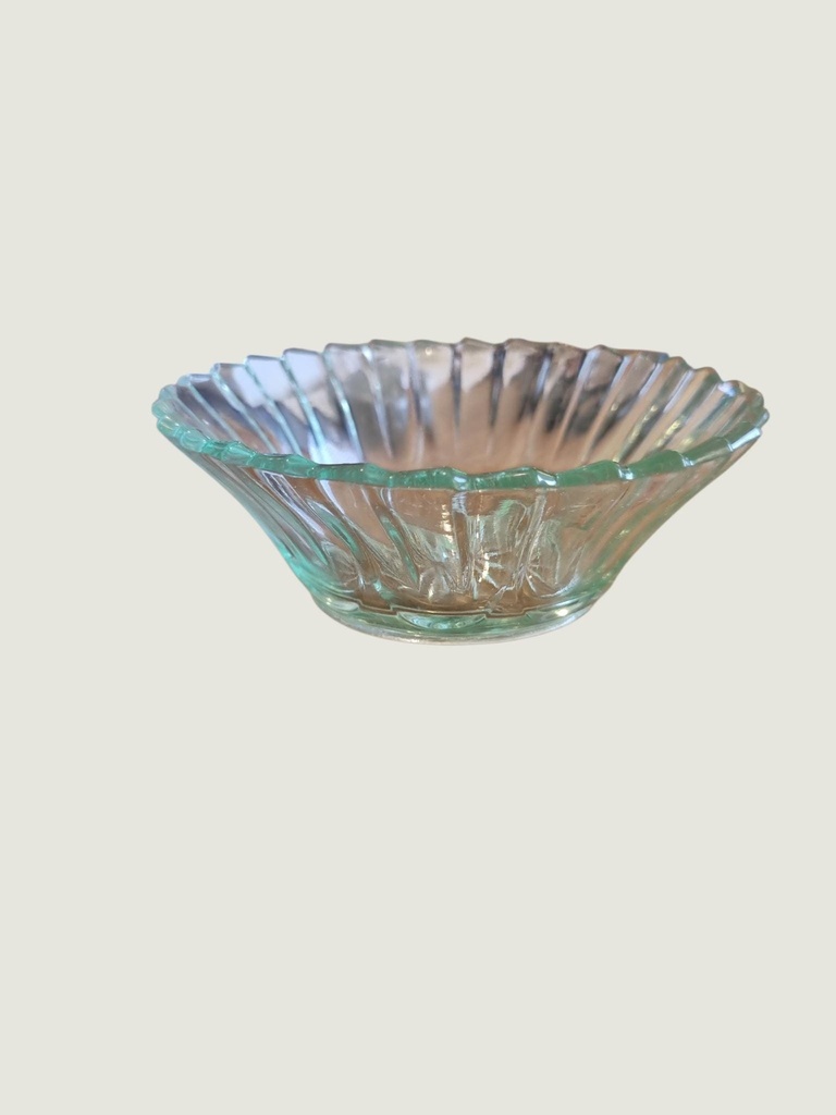 [88182AC] Vintage Pressed Glass Bowl – Scalloped Rim & Starburst Base