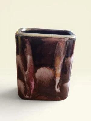 [45197AC] Vintage West Germany Mini Ceramic Vase - Brown & Pink Drip Glaze Likely 1970s