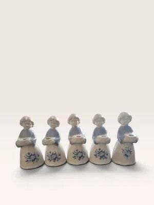 [35943AC] Set of 5 Vintage Blue & White Porcelain Angel Candle Holders - Nordic Christmas