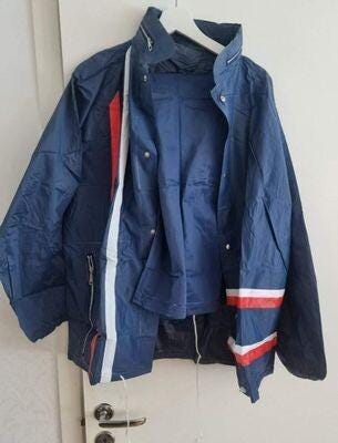 [28721AC] Vintage 1970S|80S Caratom Vinyl Raincoat &Amp; Trousers Set - Navy Blue With Racing Stripes (Kids Size 137)