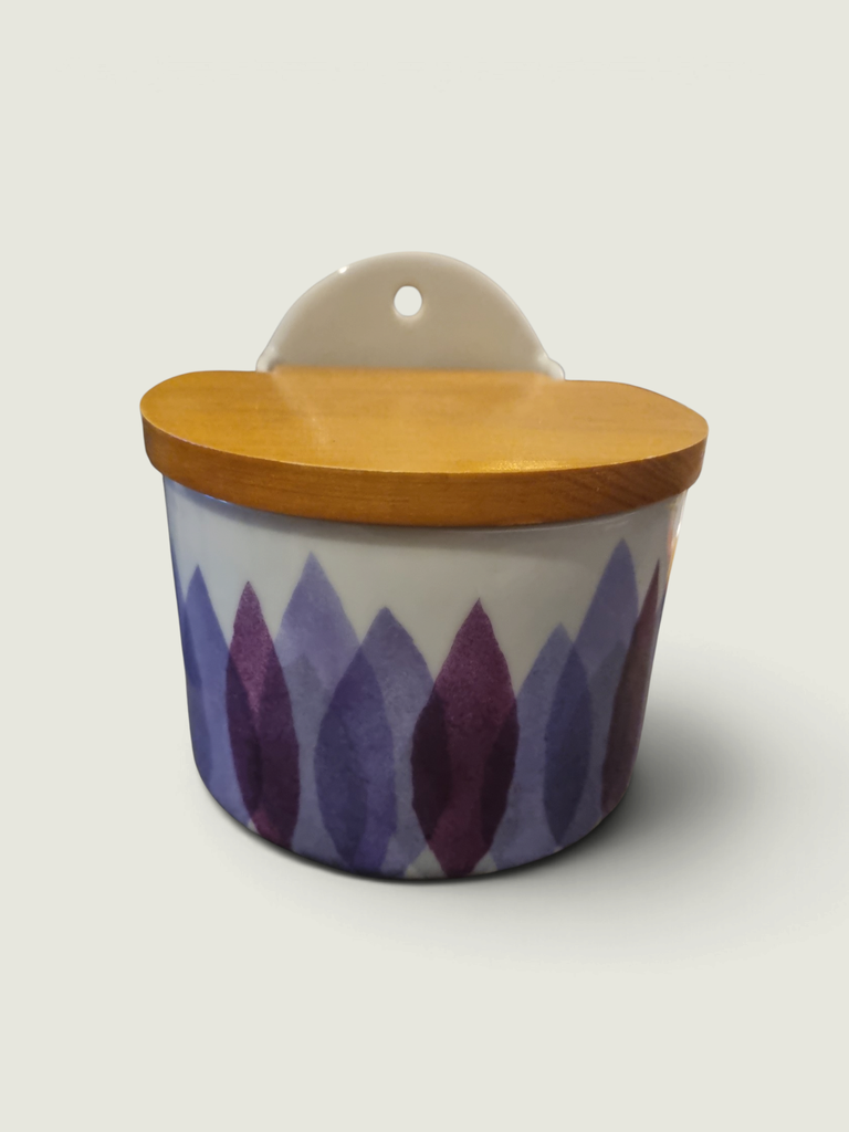 [87849AC] Ceramic Wall Storage Jar with Wooden Lid – Purple Leaf Pattern