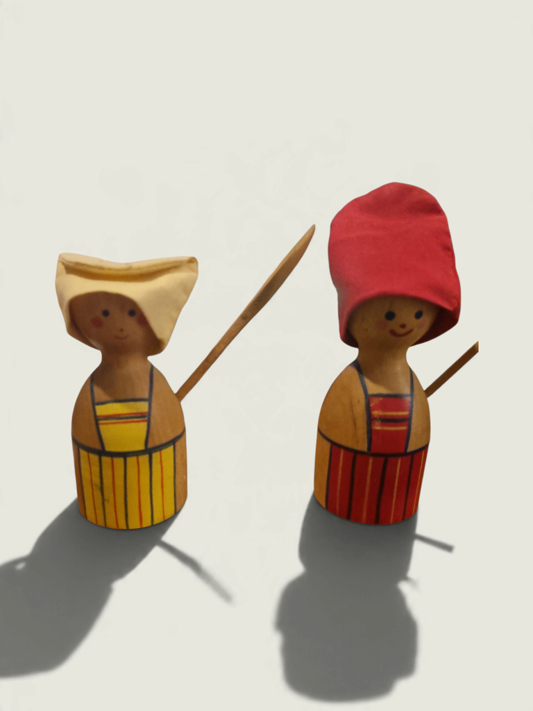 [48577AC] Pair of Wooden Egg Cups with Figure Covers, Fabric Hats and Spoons