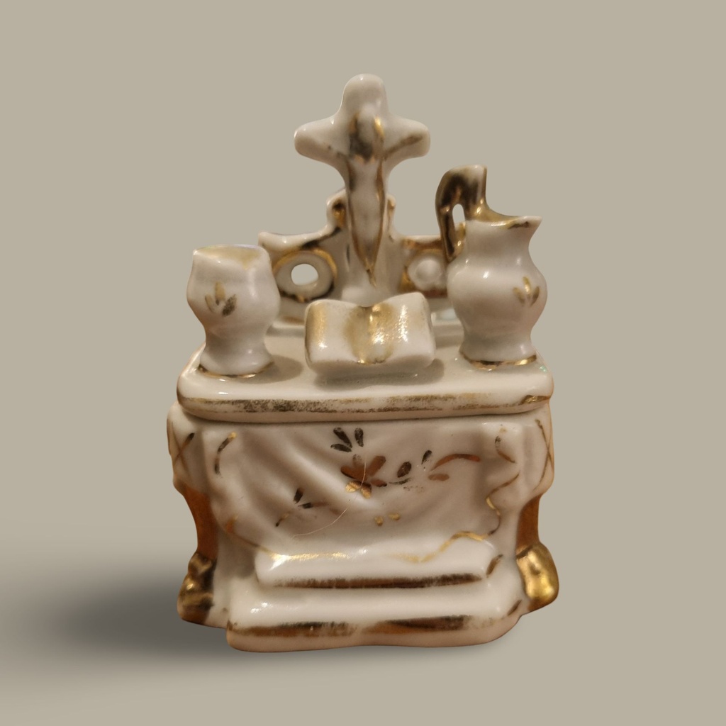 [56928AC] Antique Porcelain Miniature Altar Trinket Box &amp; Toothpick Holder - Gilt Details