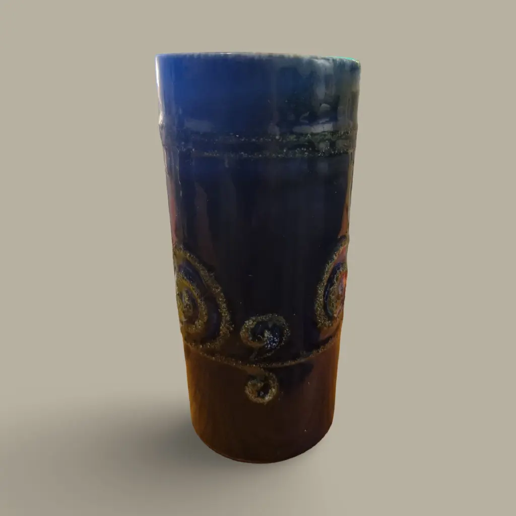 [82898AC] Blue &amp; Ochre Ceramic Cylinder Vase with Textured Spiral Decoration – No. 7457