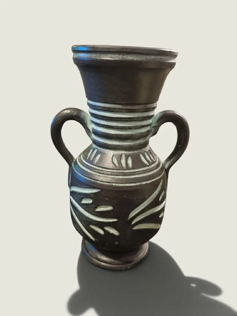 [59629AC] Two-Handled Ceramic Amphora Vase – Dark Brown &amp; Pale Green, 24.5 cm