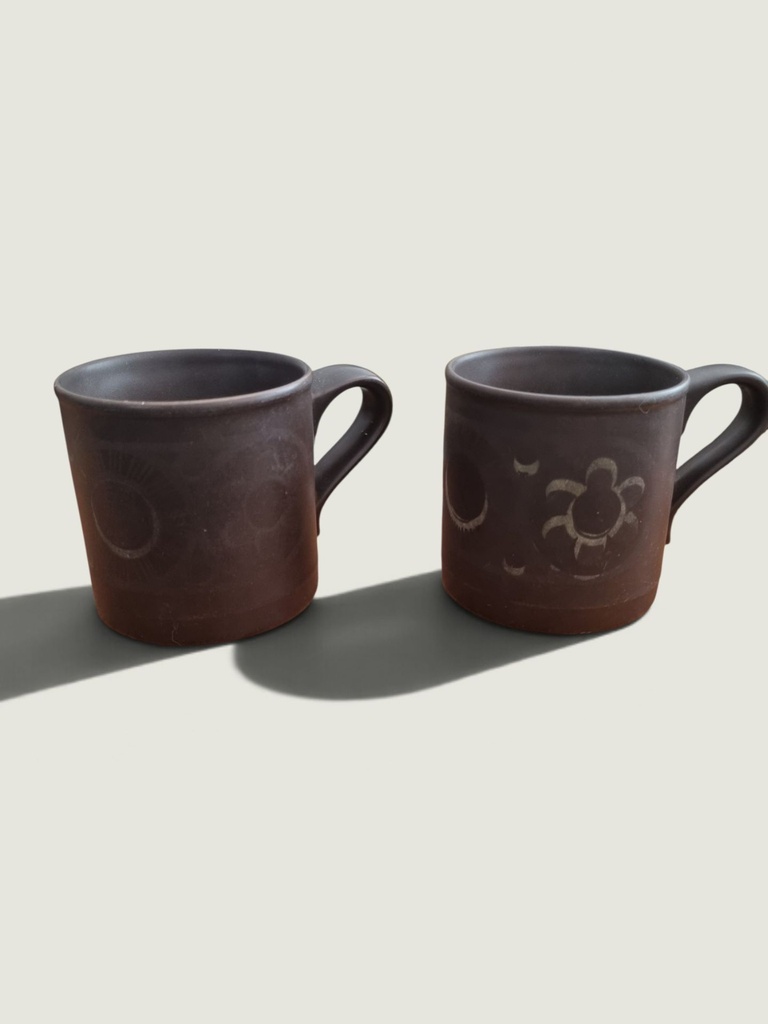 Pair of Staffordshire Potteries Supermugs – Brown Ironstone Mugs with Sun and Moon Motifs
