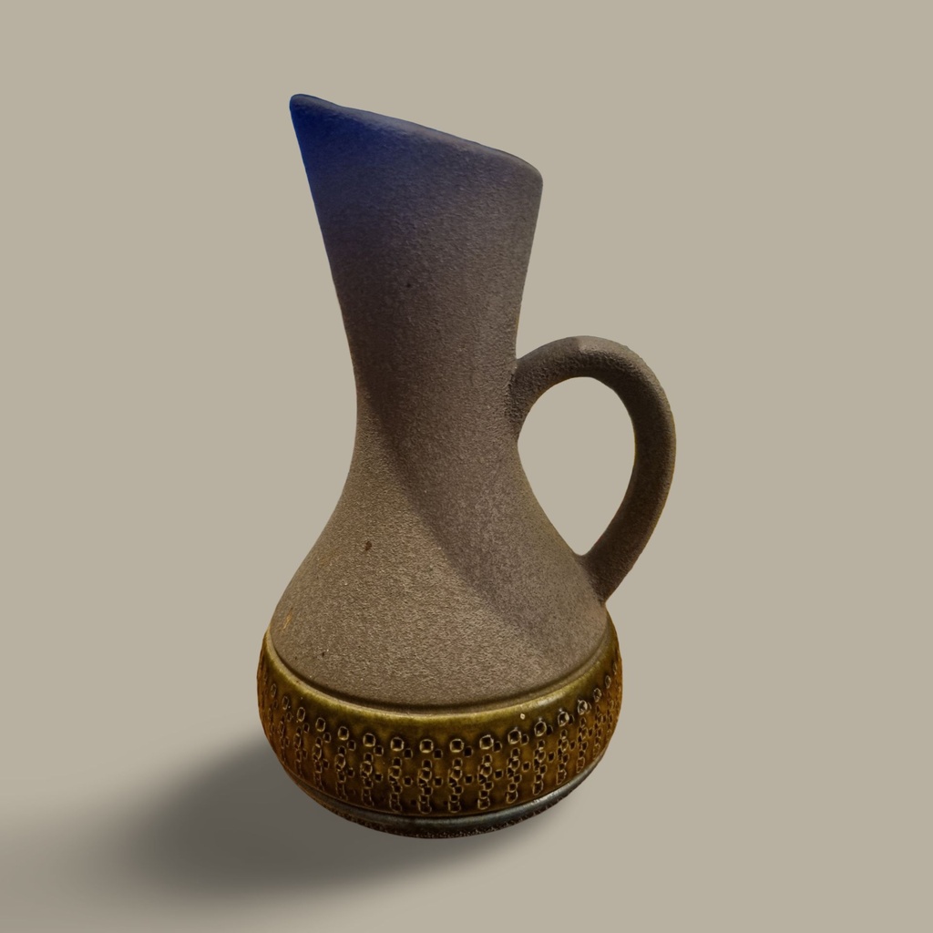 Vintage West German Ceramic Jug Vase – Textured Grey, Olive and Blue, 18 cm